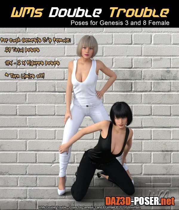 Dawnload WMs Double Trouble – Poses for Genesis 3 and 8 Female for free