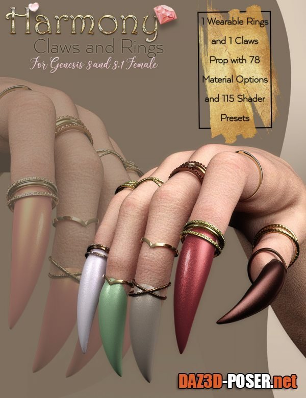 Dawnload Harmony Claws and Rings for Genesis 8 and 8.1 Females for free